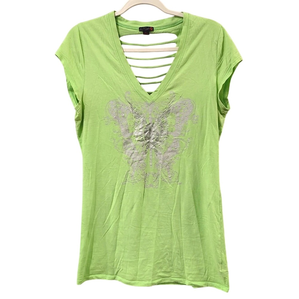 Guess Y2K Tshirt Dress Lime Green Embellished Cutout Size Large Butterfly Fairy
